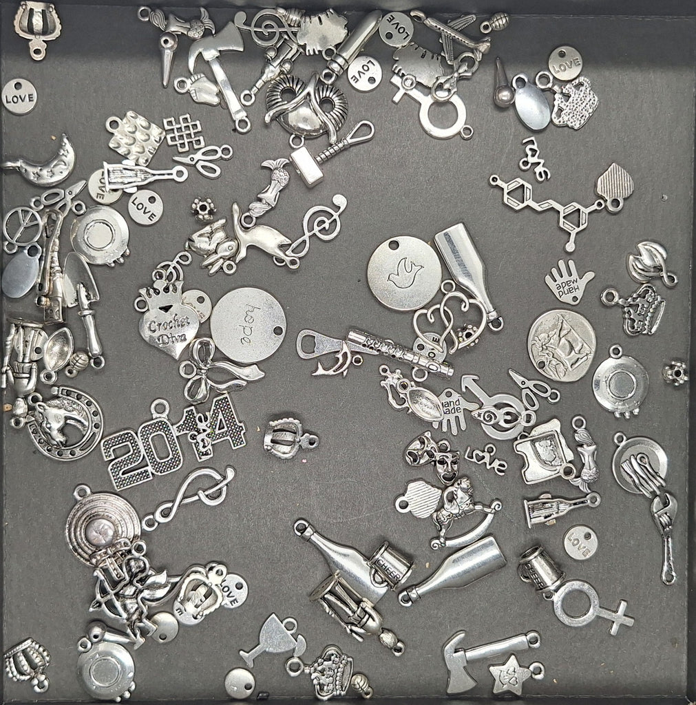 Closeout- 1/4LB Bulk Lot of Antique Silver Charms mixed Tibetan style shapes sizes L163