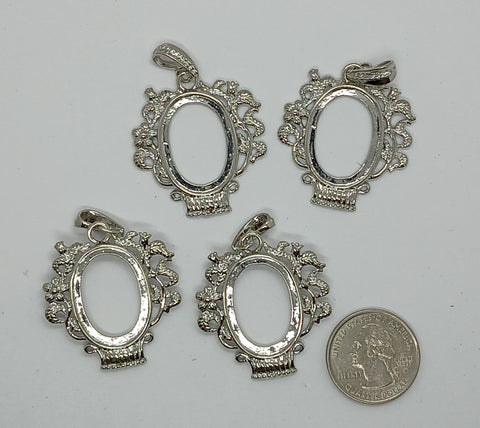 4pcs. of  25x18mm Silver Open Back Cabochon Setting with Bail. L623