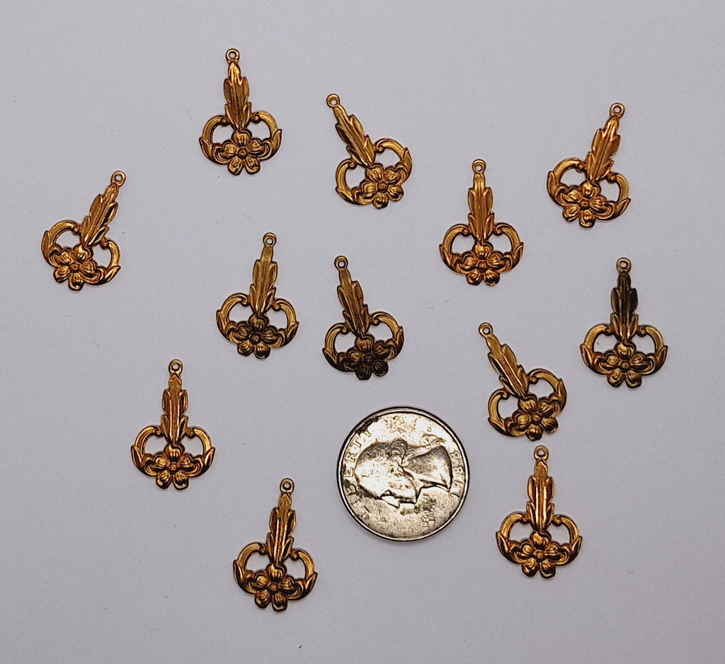 Closeout - 12pcs raw brass filigree drop with ring L690