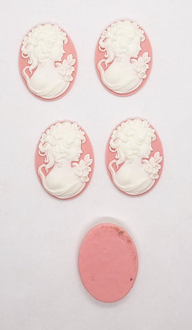 Closeout - 5pcs.  40x30mm Pink and White Lady Resin Cameo L714