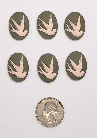 Closeout- 6pcs. 25x18mm Swallow Bird Resin Cameo Theme Pink on green L729