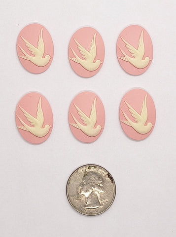 Closeout- 6pcs. 25x18mm Swallow Bird Resin Cameo Theme creme on pink L730