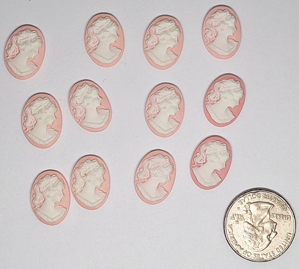 Closeout - 12pcs. - 18x13mm pink and WHITE ponytail girl right facing resin cameos L760C