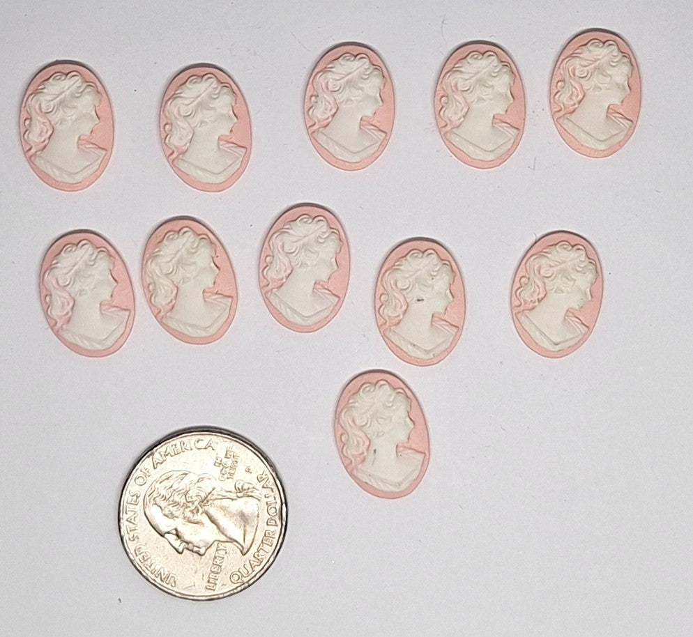 Closeout - 11pcs. - 18x13mm pink and WHITE ponytail girl right facing resin cameos L760D
