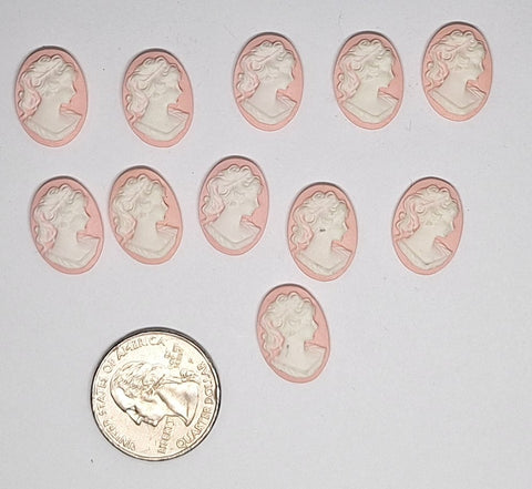 Closeout - 11pcs. - 18x13mm pink and WHITE ponytail girl right facing resin cameos L760D
