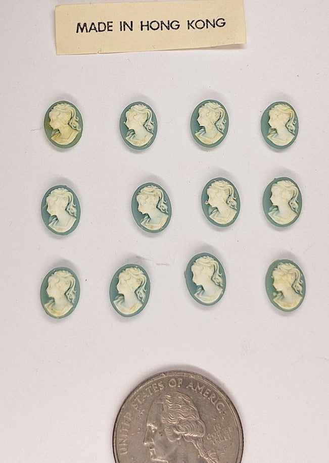 Read Description 12pc lot of 10x8mm vintage blue white ponytail girl resin cabochons cameos L763