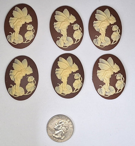 Closeout - 6pcs - 40x30mm Fairy Nymph on Flower Brown and Ivory Resin Cameo L780