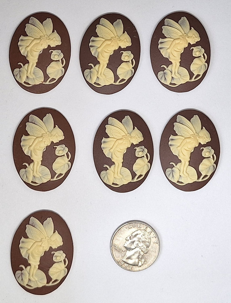 Closeout - 7pcs - 40x30mm Fairy Nymph on Flower Brown and Ivory Resin Cameo L781