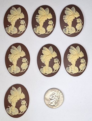 Closeout - 7pcs - 40x30mm Fairy Nymph on Flower Brown and Ivory Resin Cameo L781
