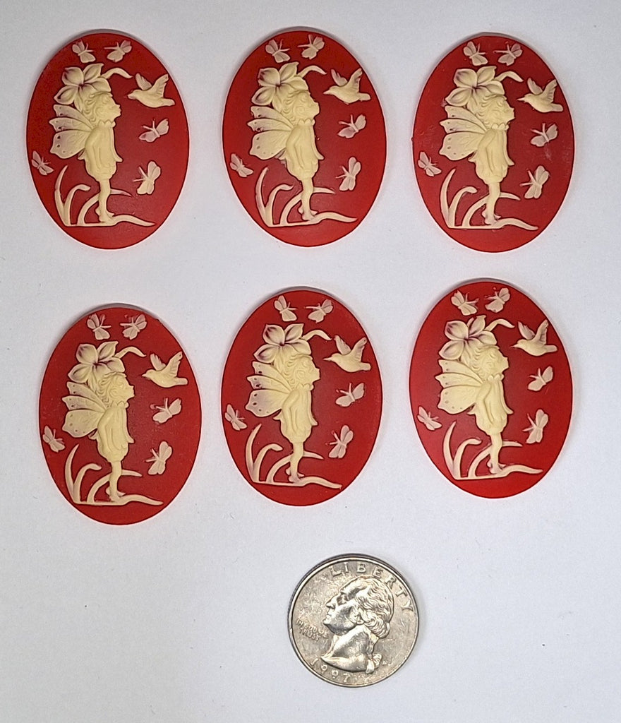 Closeout - 6pcs - 40x30mm Fairy Nymph on Flower Butterfly Hummingbird Red and Ivory Resin Cameo L782