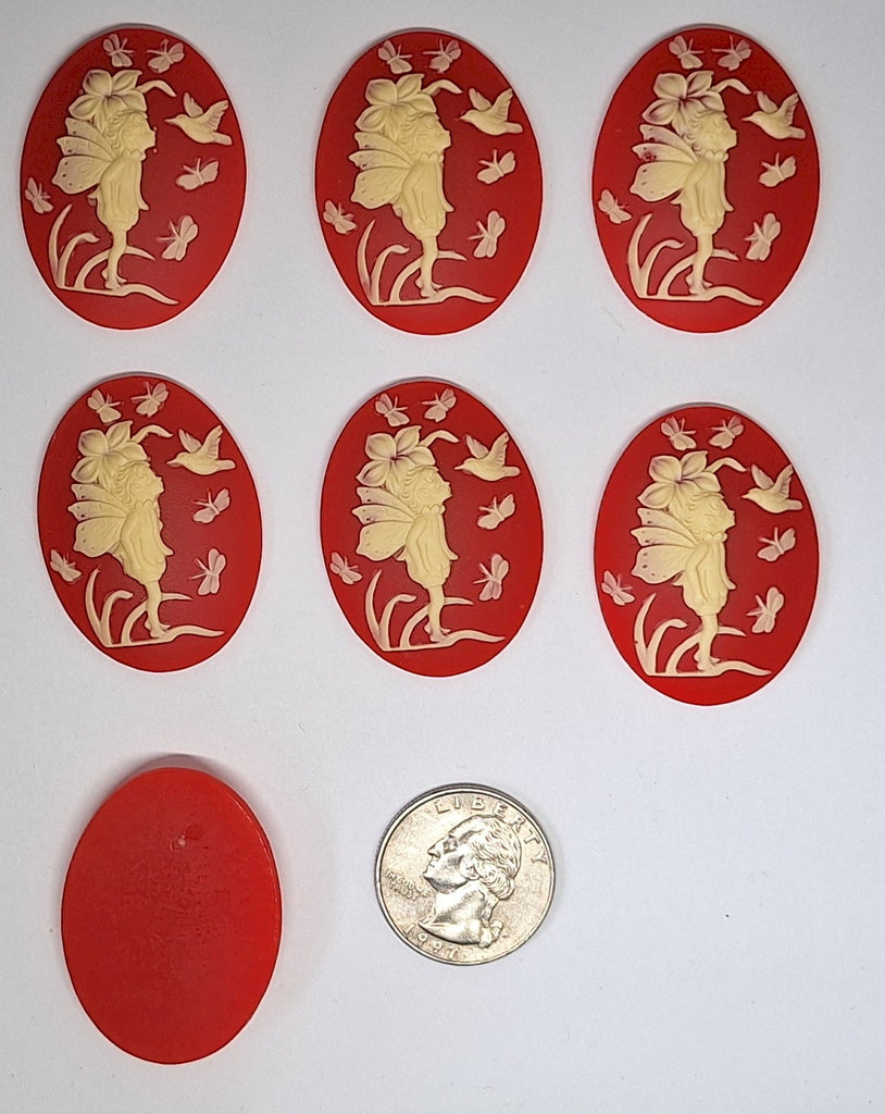 Closeout - 7pcs - 40x30mm Fairy Nymph on Flower Butterfly Hummingbird Red and Ivory Resin Cameo L783