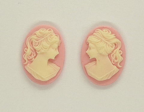 18x13mm pink and IVORY ponytail girl matched pair resin cameos S4103