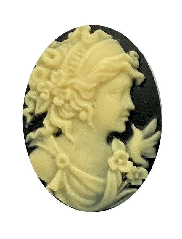 25x18mm Woman with Bird Black Ivory Resin Cabochon Cameo S4158