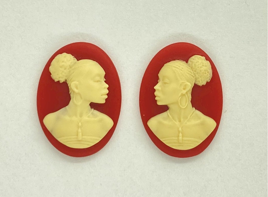 18x13mm pair of African American Black Woman Resin Cameo Cabochon Red crème S4170