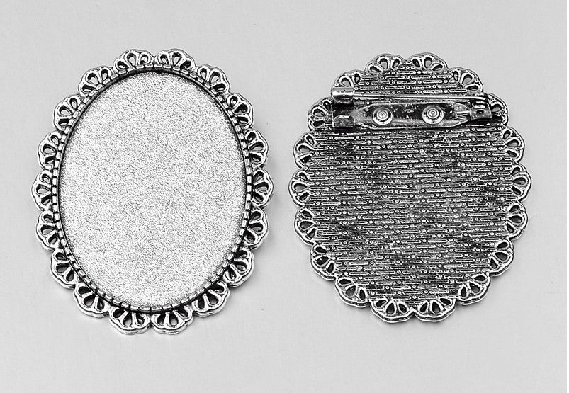 40x30mm Antique Silver Cabochon Cameo Brooch Setting with Pin S4171