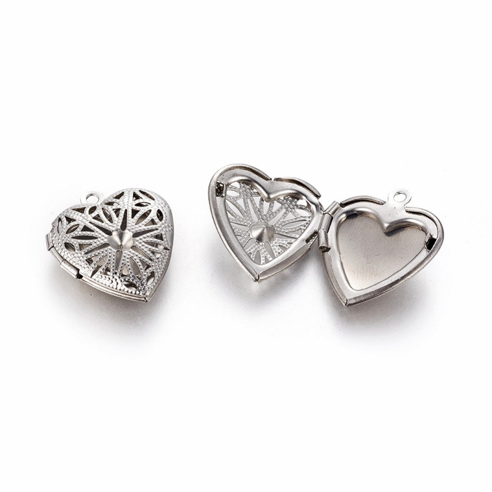 Stainless Steel Filigree Locket Pendant Small Heart Photo Frame Charm 22x19x5.5mm S4199