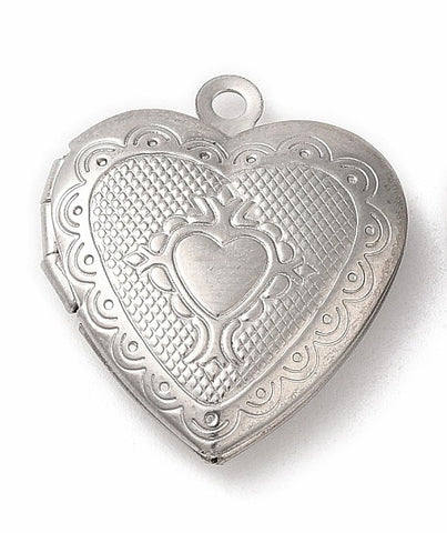 Stainless Steel Filigree Locket Pendant Small Heart Photo Frame Charm 19x19x5.5mm S4218