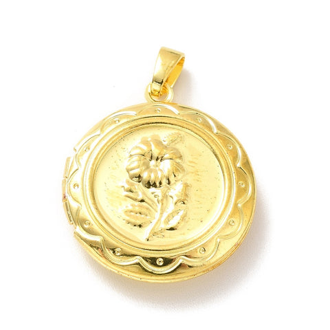 Gold Round Locket Brass Photo Charm Pendant with flower and bail  20x5.5mm S4220