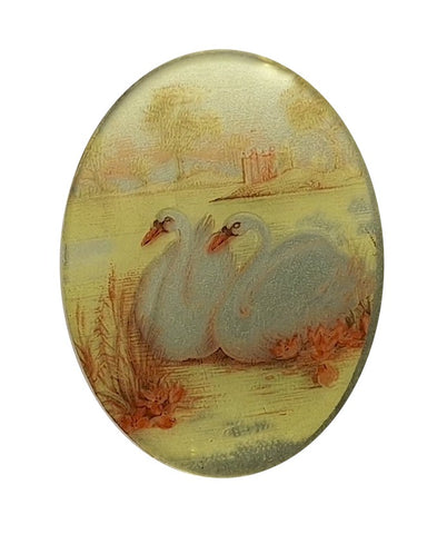 40x30mm Vintage German Glass Decal Painting of swans on mirror backing S4225