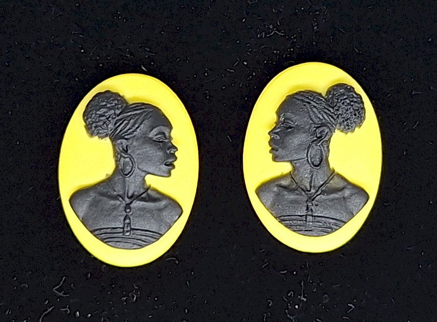 18x13mm pair of African American Black Woman Resin Cameo Cabochon Yellow Black S4256