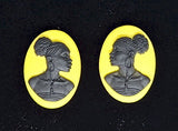 18x13mm pair of African American Black Woman Resin Cameo Cabochon Yellow Black S4256