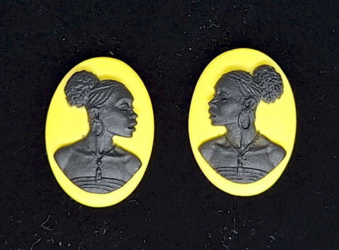 18x13mm pair of African American Black Woman Resin Cameo Cabochon Yellow Black S4256
