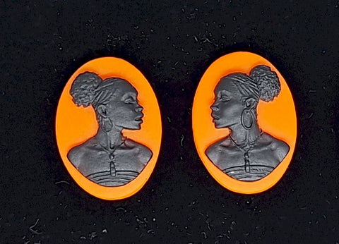 18x13mm pair of African American Black Woman Resin Cameo Cabochon Orange Black S4257
