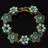 Vintage-Style Floral Rhinestone Green and Blue Link Bracelet – 7.5" Item F292