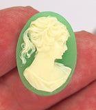 25x18mm Green and Ivory Ponytail Girl Resin Cameo J113