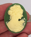 40x30mm Green and Ivory Woman with Short Hair Resin Cameo cabochon  J115