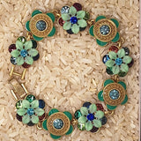 Vintage-Style Floral Rhinestone Green and Blue Link Bracelet – 7.5" Item F292