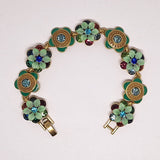 Vintage-Style Floral Rhinestone Green and Blue Link Bracelet – 7.5" Item F292