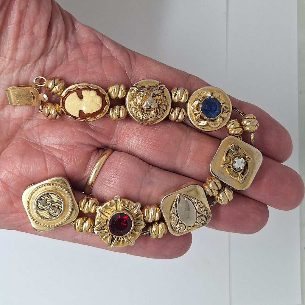 Vintage Marino Slide Bracelet Victorian Revival Gold Tone Cameo Lion’s Head 7.5 inches F300