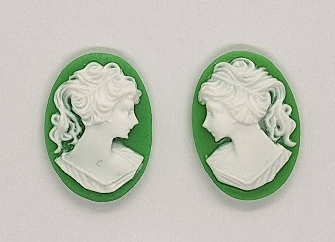 18x13mm green and WHITE resin ponytail girl cameo matched pair S2044