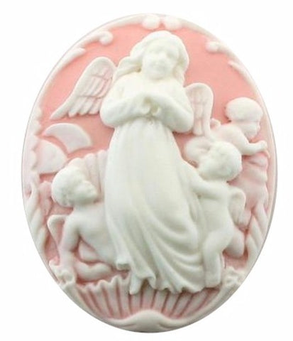 Guardian Angel Resin Cameo 40x30mm Pink White with Cherubs 101a