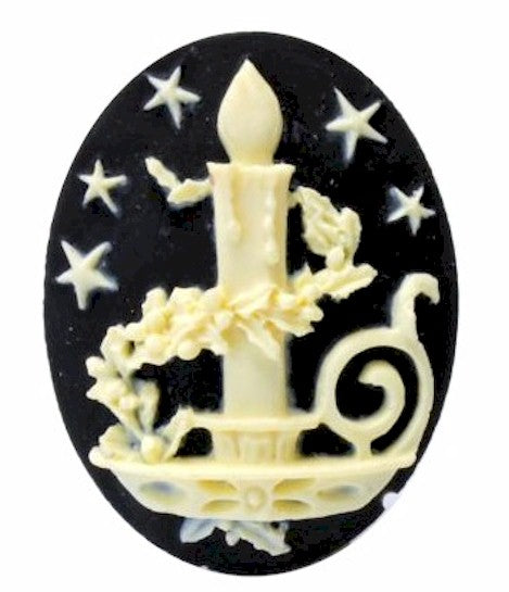 Holiday Candle Resin Cameo 40x30mm Christmas Theme Cabochon Black Ivory 13c