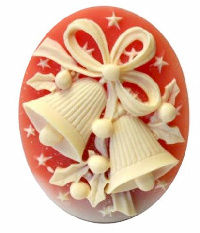 Christmas Bells Resin Cameo 40x30mm Carnelian Ivory Holiday Theme Cabochon 1c