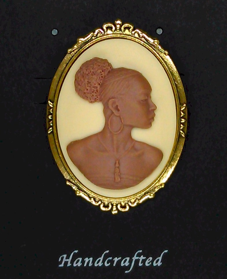 African American Woman Gold Brooch Pin Brown and Ivory African Jewelry Cameo Pin 548x748x