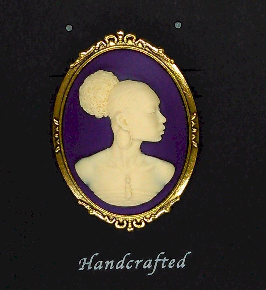 African American Woman Gold Brooch Pin Purple and Ivory African Jewelry Cameo Pin 569x748x