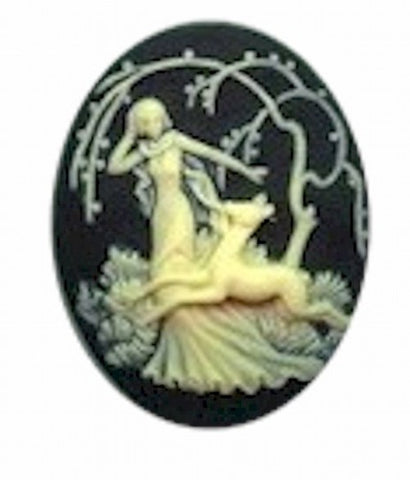 38x29mm Black and Ivory Deer Fawn with Woman Resin Cameo 651R