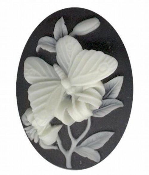 40x30mm Black and Ivory 3-D Butterfly Resin Cameo Cabochon  673q