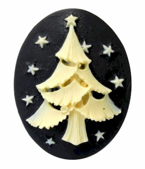 Christmas Tree Resin Cameo 40x30mm Holiday Theme Cabochon Black Ivory 6c