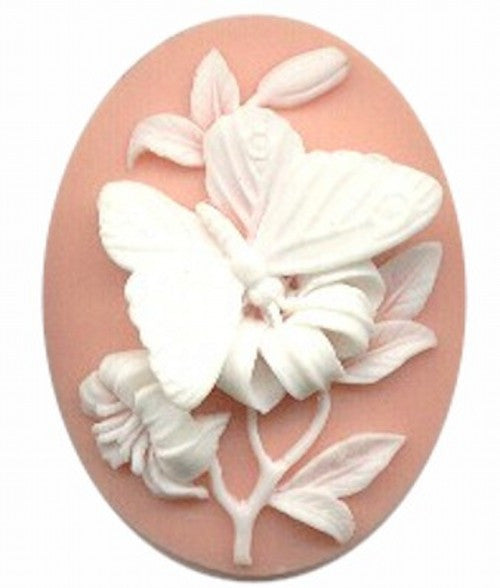 40x30mm pink and white 3-D butterfly resin cameo 934R