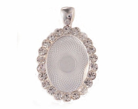 25x18mm Bright Silver Rhinestone Cabochon or Cameo Setting with Bail 959x