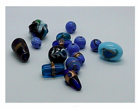 2+ oz Mixed Handmade Glass Beads blue aqua turquoise oval round cone shape 10-22mm 985x