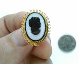 German Glass Black and  White Cameo Screw Back Earrings in Gold Setting F123