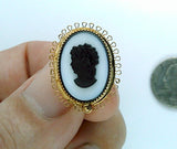 German Glass Black and  White Cameo Screw Back Earrings in Gold Setting F123