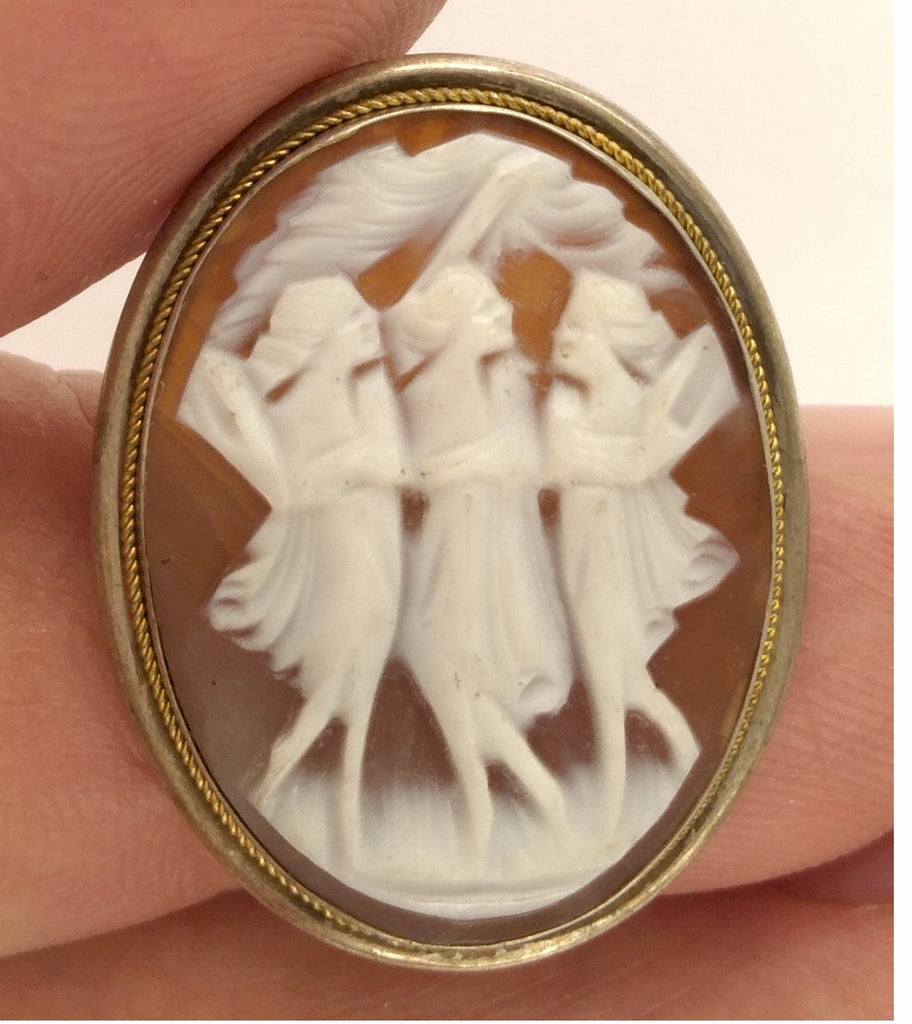 Antique Vintage Three Graces Italian Shell Cameo Brooch Pin 800 Silver Setting  F190