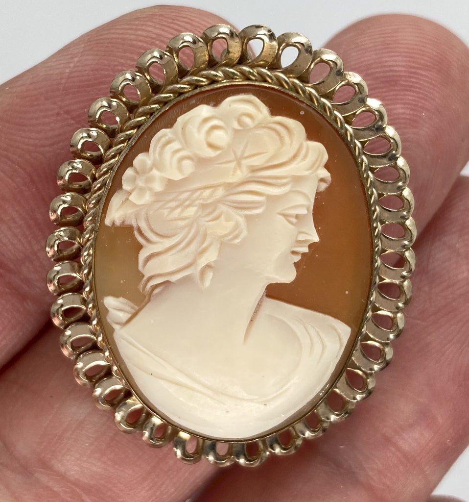 Vintage Van Dell Hand carved Italian Shell Cameo Brooch Pendant gold filled carnelian pendant necklace combo stamped 12k F202