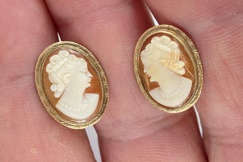 Antique 12kt gold filled carved shell cameo screw back earrings F121